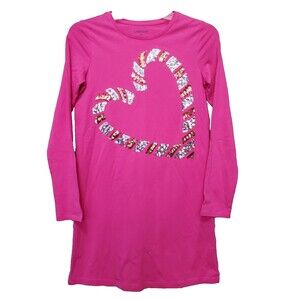 Lands' End Girls Pink Sequined Heart Long Sleeve T-Shirt Dress Size M (10-12)